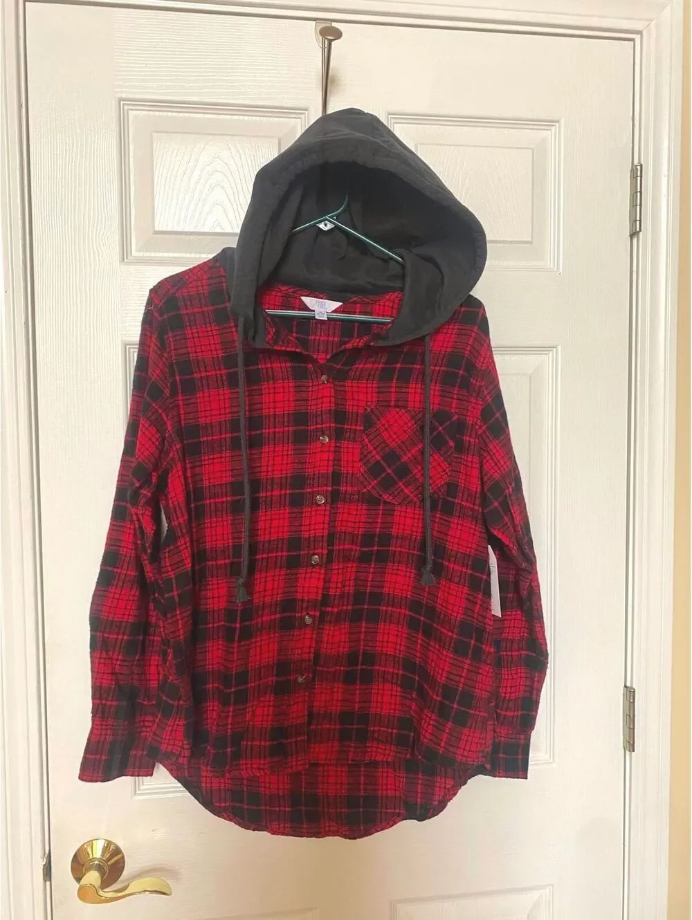 Time and Tru Women's Red and Black Plaid Hooded Shirt, Med